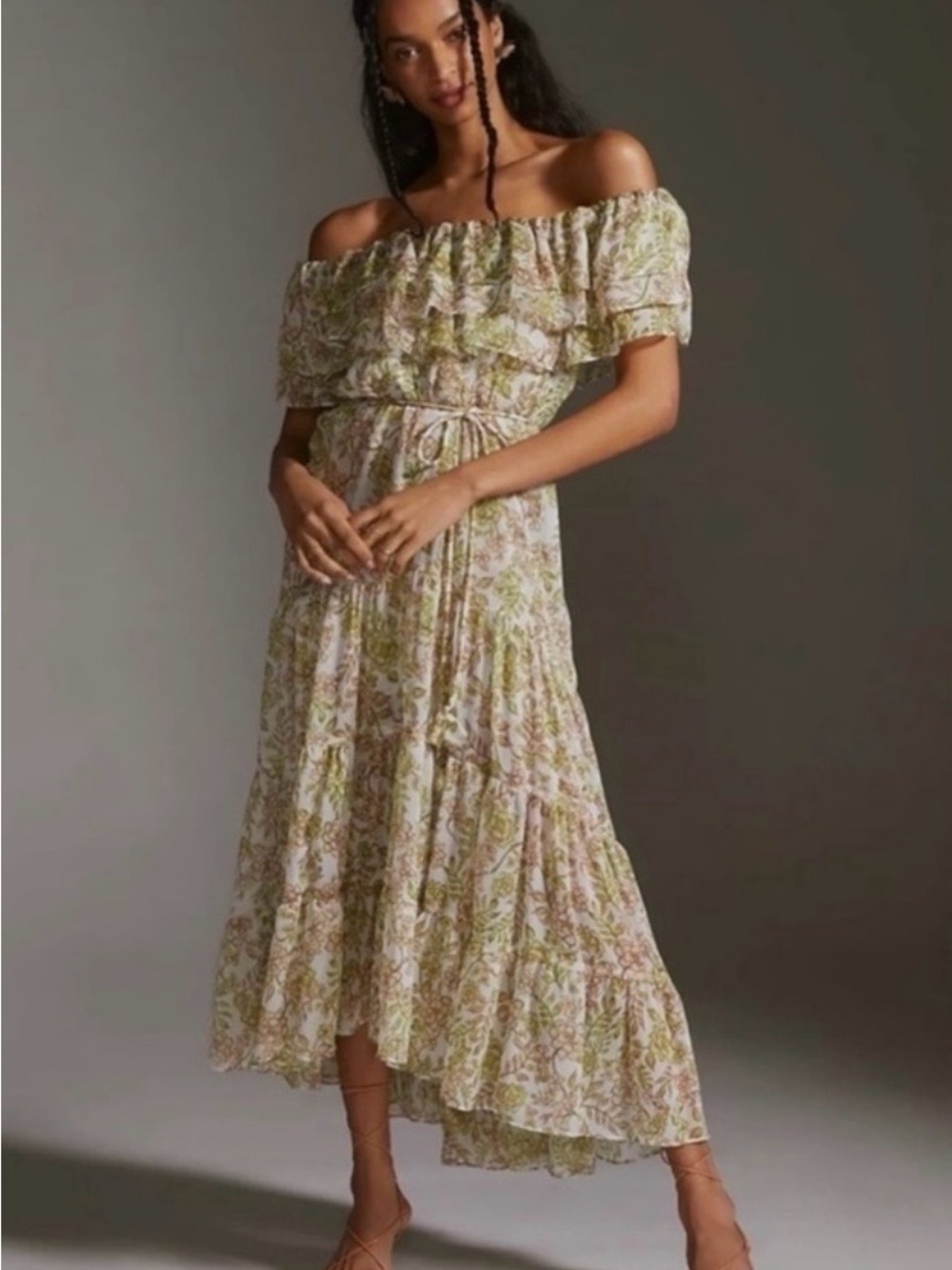 Misa Los Angeles Off-Shoulder Floral Midi Dress in Light Green and Cream